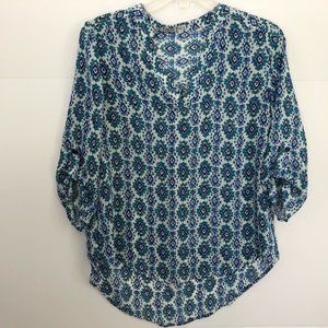 Cupid's Diary White w/Blue BOHO print Sheer V-neck Pullover Blouse S